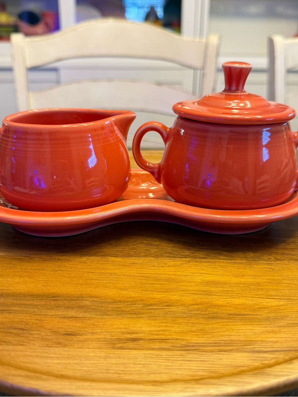Fiestaware Persimmon Ceramic Sugar, Creamer and Tray Set